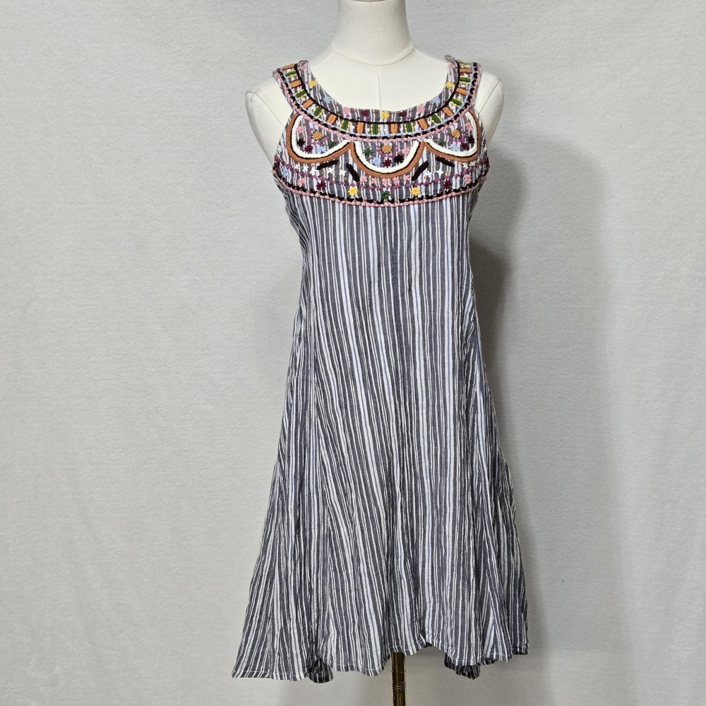 Kyla Seo Dress Womens Small Multicolor Embroidered Boho Stripe Cotton Swing - Picture 2 of 14